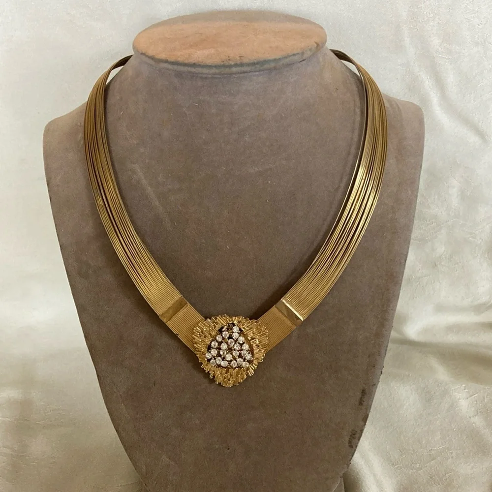 Vintage Gold Tone Multi-Strand Necklace with Crystal Cluster